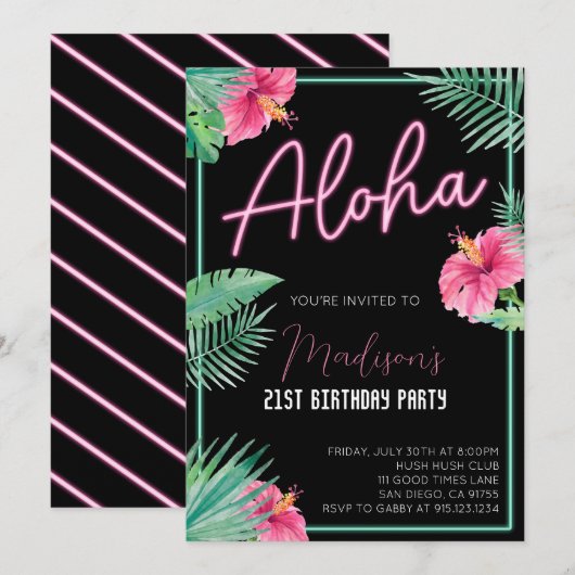 Aloha Zwart Bloemen Verjaardagsfeestje Uitnodiging (Voorkant / Achterkant)