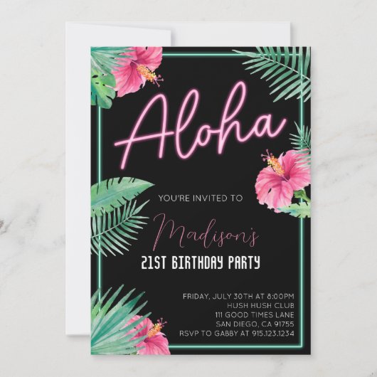 Aloha Zwart Bloemstuk Verjaardagsfeest Uitnodiging (Voorkant)