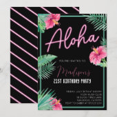 Aloha Zwart Bloemstuk Verjaardagsfeest Uitnodiging (Voorkant / Achterkant)