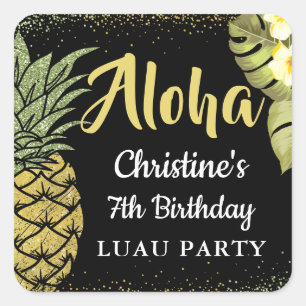 Aloha Zwart Goud Glitter Ananas Bloemen Verjaardag Vierkante Sticker