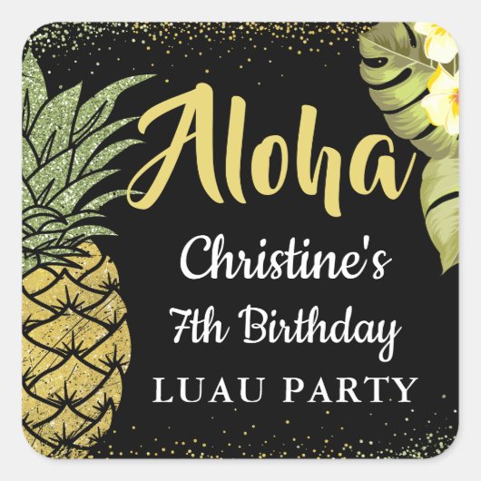 Aloha Zwart Goud Glitter Ananas Bloemen Verjaardag Vierkante Sticker (Voorkant)