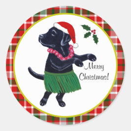 Aloha Zwart Labrador Kerstmis Santa Hat Tartan Ronde Sticker
