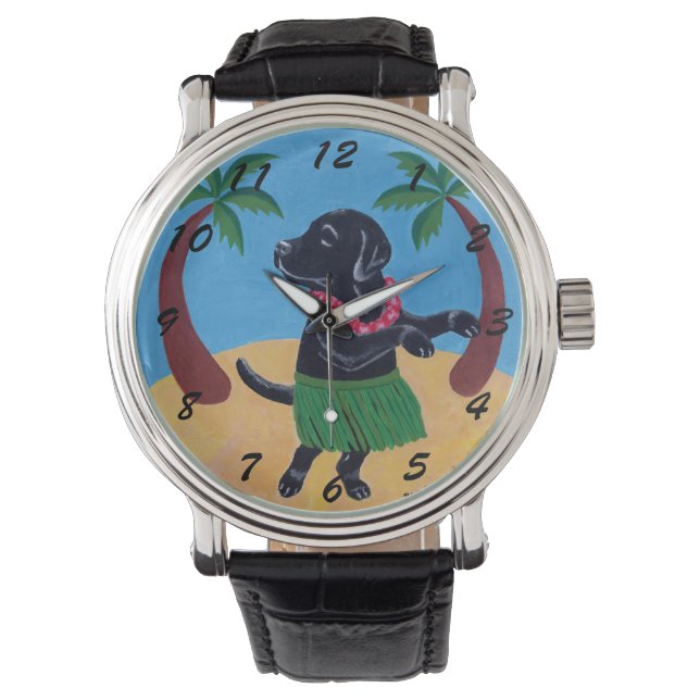 Aloha zwart labrador schilderij horloge (Voorkant)