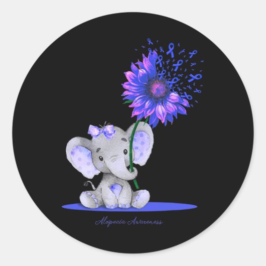 ALOPECIA AWARENESS Cute Elephant Sunflower Blue Ri Ronde Sticker (Voorkant)