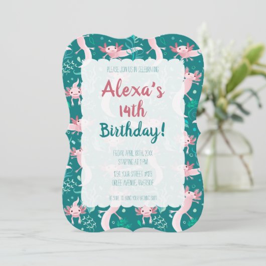 Alotta roze Axolotls on Blauwgroen Uitnodiging (Staand voorkant)