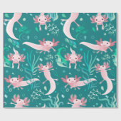 Alotta roze Axolotls op Blauwgroen pakpapier (Vlak)