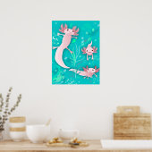 Alotta roze Axolotls op Blauwgroen Poster (Keuken)