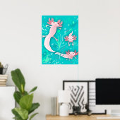 Alotta roze Axolotls op Blauwgroen Poster (Thuiskantoor)