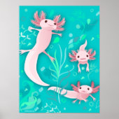 Alotta roze Axolotls op Blauwgroen Poster (Voorkant)