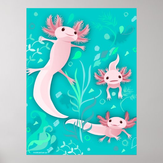 Alotta roze Axolotls op Blauwgroen Poster (Voorkant)