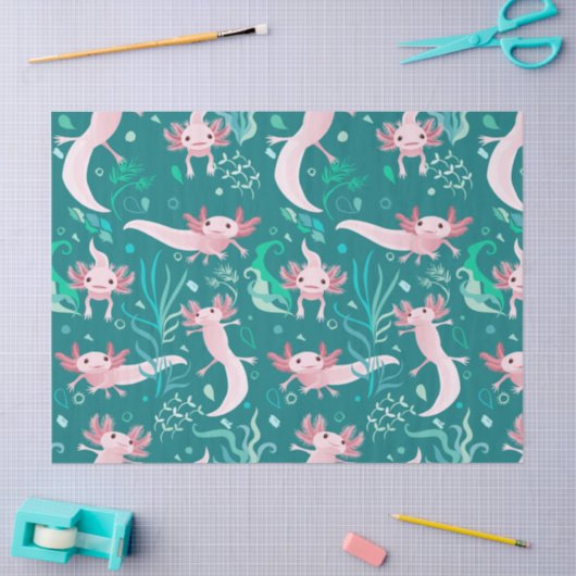 Alotta roze Axolotls op Blauwgroen weefselpapier Tissuepapier (Craft)