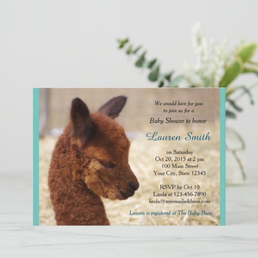 Alpaca Baby Douche Uitnodigingen Jongen (Staand voorkant)