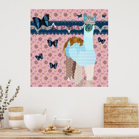 Alpaca Boho Butterflies Pink Floral Poster (Keuken)