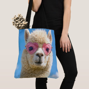 Alpaca die een roze hartvormige bril draagt tote bag