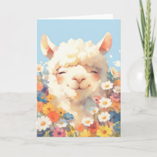 Alpaca die zich verbergt in bloemen kaart