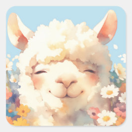 Alpaca die zich verbergt in bloemen vierkante sticker
