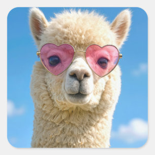 Alpaca draagt roze hartvormige bril vierkante sticker
