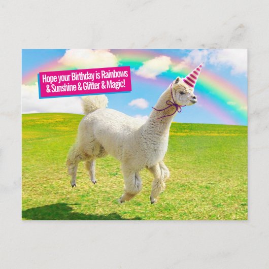 Alpaca Eenhoorn Onder Regenboog Hemel Uitnodiging Briefkaart (Voorkant)