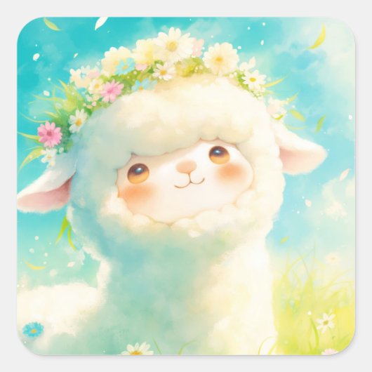 Alpaca Flower Crown Bliss Vierkante Sticker (Voorkant)