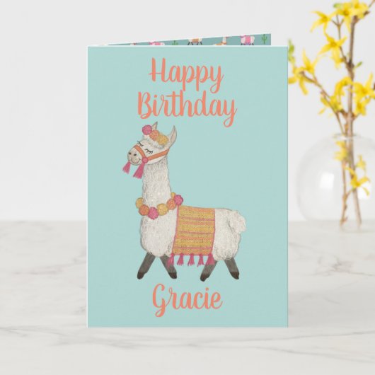 Alpaca gepersonaliseerde naam Birthday Card  Kaart (Gele Bloem)