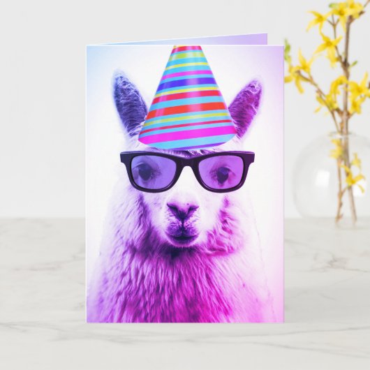 Alpaca in bril en feest Pet, Verjaardag Kaart (Gele Bloem)