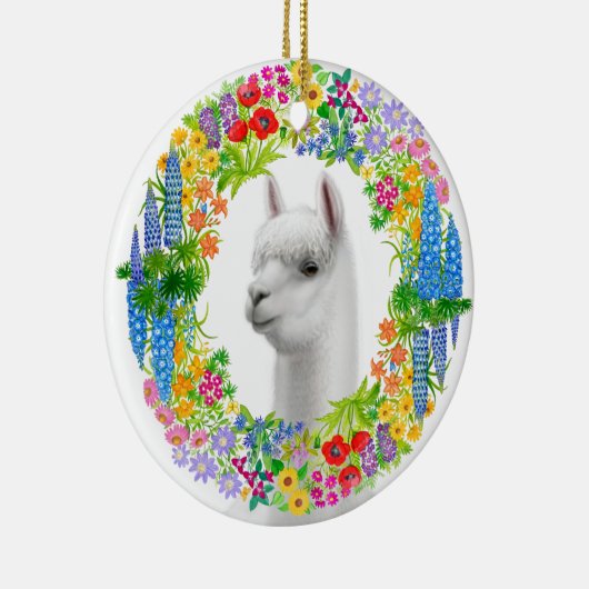 Alpaca in Floral Wreath Kerstversier Keramisch Ornament (Rechts)