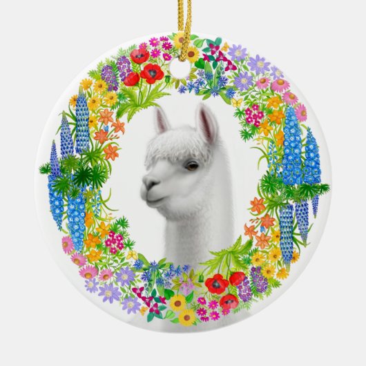 Alpaca in Floral Wreath Kerstversier Keramisch Ornament (Voorkant)