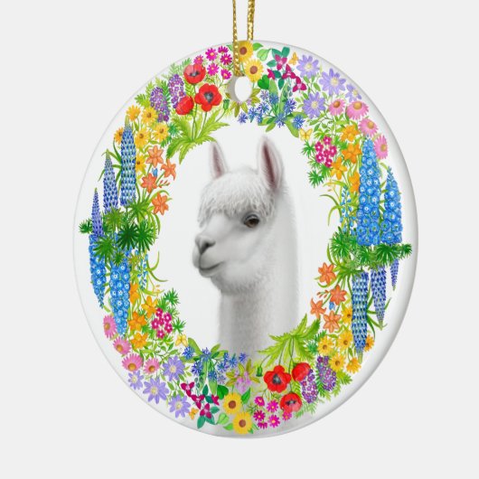 Alpaca in Floral Wreath Kerstversier Keramisch Ornament (Links)