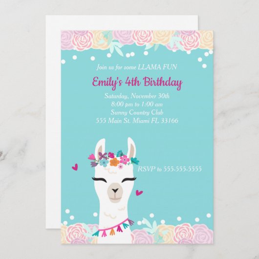 Alpaca Lama Gezicht Kinderen Verjaardagsuitnodigin Kaart (Voorkant / Achterkant)