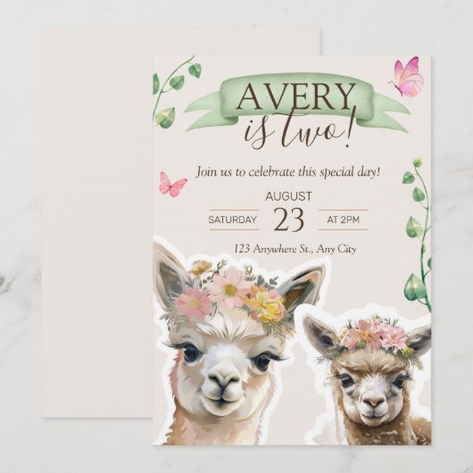 Alpaca lama Kind Verjaardag | uitnodiging tot baby (Voorkant / Achterkant)