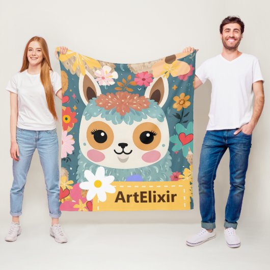 Alpaca Lama Schattige bloemmotief Fleece Deken (In situ)