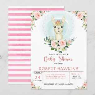 Alpaca Llama Pink Floral Girl Baby shower Kaart