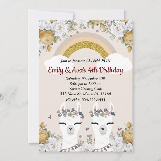 Alpaca Llama Twins Kids Birthday Kaart (Voorkant)