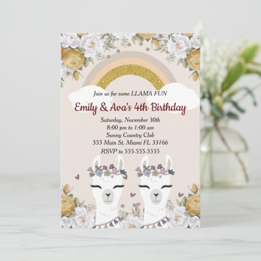 Alpaca Llama Twins Kids Birthday Kaart (Staand voorkant)