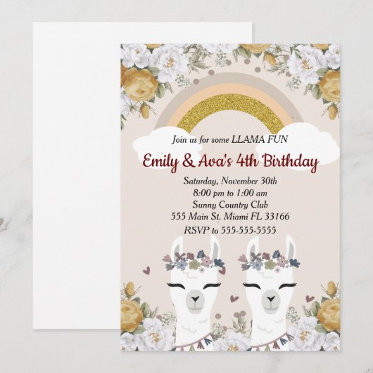 Alpaca Llama Twins Kids Birthday Kaart (Voorkant / Achterkant)