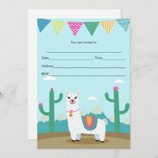 Alpaca llama Uitnodiging vult kinderverjaardag in (Voorkant / Achterkant)