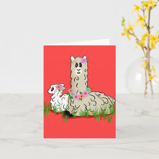 Alpaca Mam en Baby Kaart (Gele Bloem)