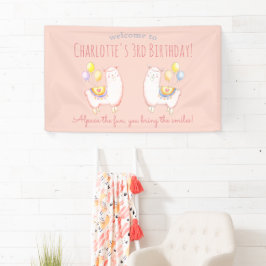 Alpaca met ballon roze kinderverjaardags welkom spandoek