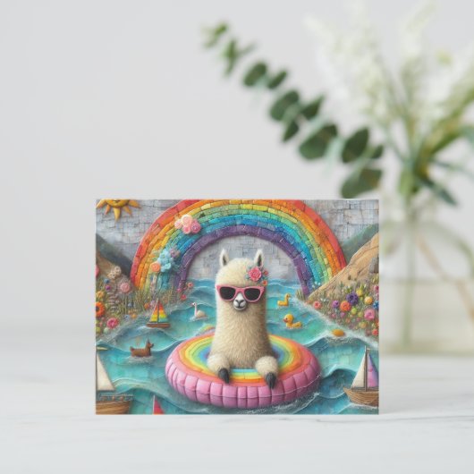 Alpaca op een Rainbow Color Float Briefkaart (Staand voorkant)