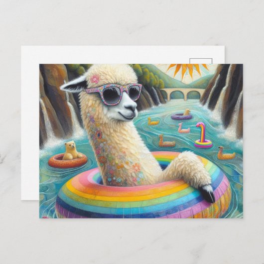 Alpaca op een Rainbow Color Float Briefkaart (Voorkant / Achterkant)