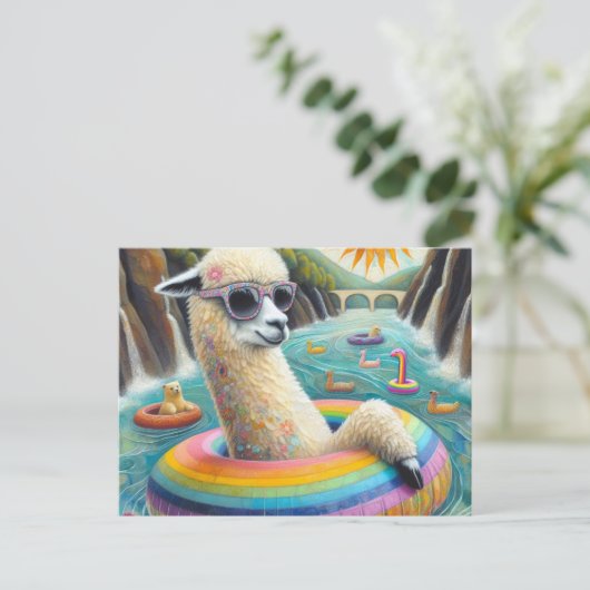 Alpaca op een Rainbow Color Float Briefkaart (Staand voorkant)