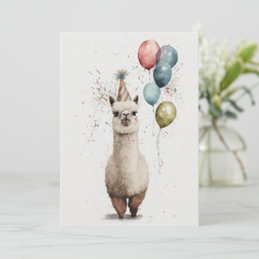Alpaca Party Pet and Balloons Flat Wenskaart Bedankkaart (Staand voorkant)
