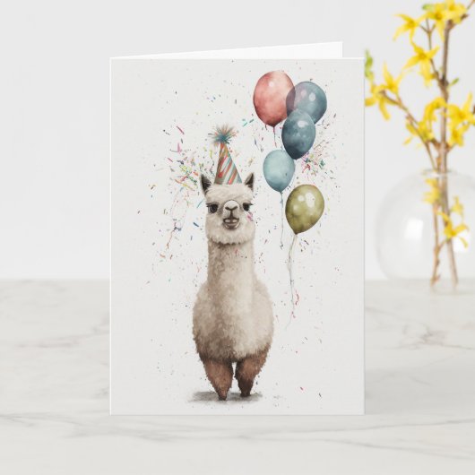 Alpaca Party Pet en Ballonnen Wenskaart Kaart (Gele Bloem)