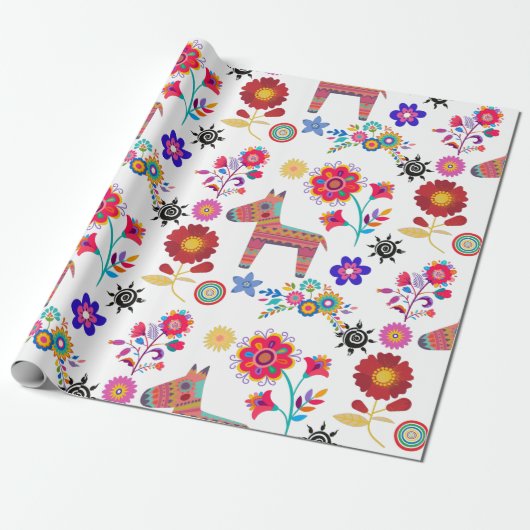 Alpaca Pinata en Flowers Wrapping Paper Cadeaupapier (Uitgerold)
