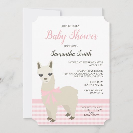 Alpaca Roze Baby shower Uitnodiging (Voorkant)