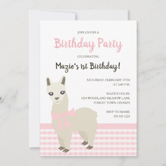 Alpaca Roze Verjaardag Uitnodiging (Voorkant)
