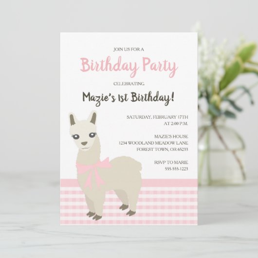 Alpaca Roze Verjaardag Uitnodiging (Staand voorkant)