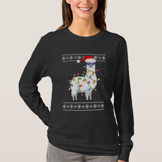 Alpaca Santa Lights Kerstmis Lessly Ugly kerst T-shirt (Voorkant)