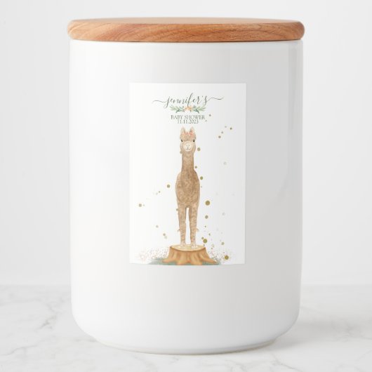 Alpaca script baby shower birthday farm animal voedselcontainer etiket (Voorkant)