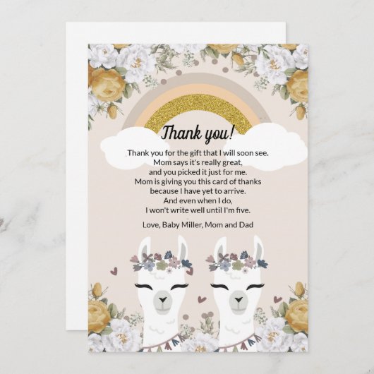 Alpaca Twins Baby shower Hartelijk dank Bedankkaart (Voorkant / Achterkant)